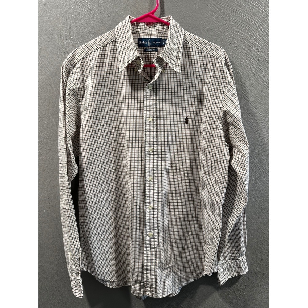Ralph Lauren Mens Classic Fit Button Down Shirt Brown Tan Check 16 34/35 Cotton